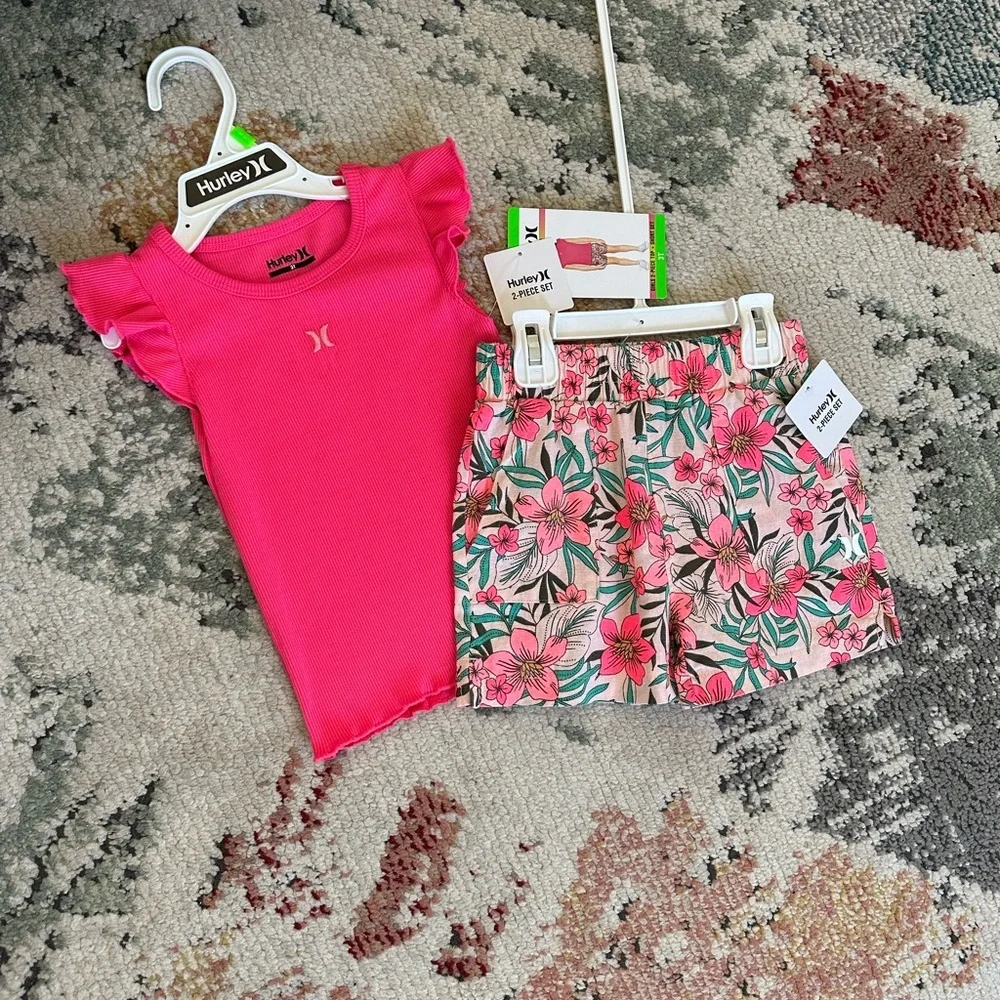New Hurley Pink Top and Floral Shorts Set Size 3T Toddler Girl - Picture 8 of 12
